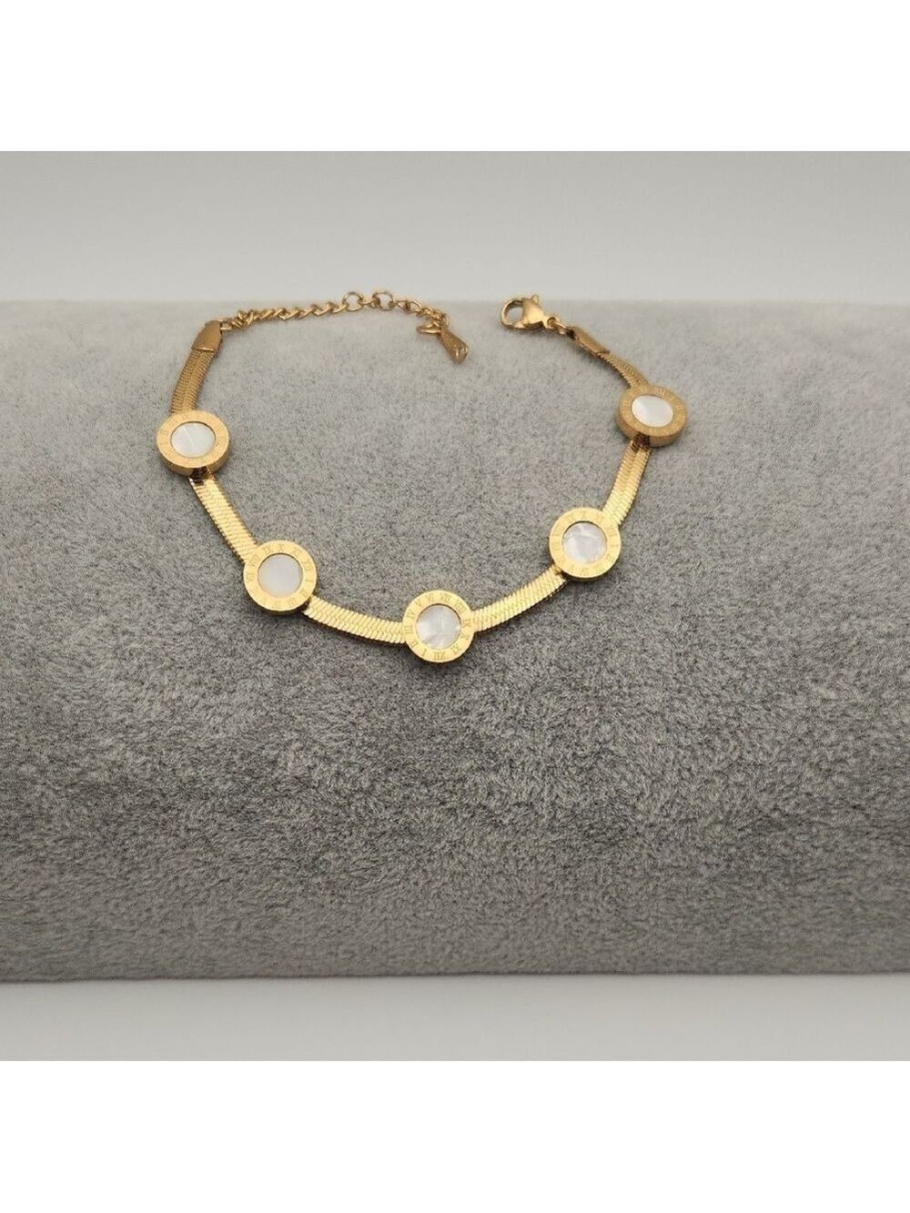 18K Gold Plated Pearl White Circle Bracelet, Roman Numerals, Stainless Steel